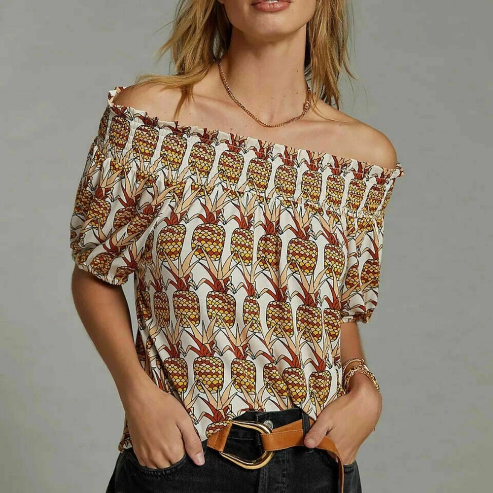 Anthropologie Porridge Off-Shoulder Pineapple Print Top with Rust Bow - Picture 2 of 6